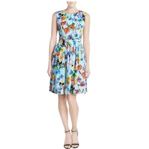 ELLEN TRACY Aqua Multi Pleat Floral Print Twill Fit-and-Flair Dress Womens Sz 12